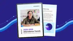 Student at desk with cover of SchoolStatus 2025-26 Attendance Trends Report