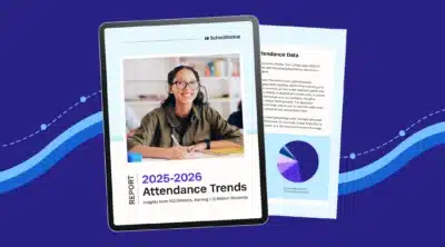 Student at desk with cover of SchoolStatus 2025-26 Attendance Trends Report
