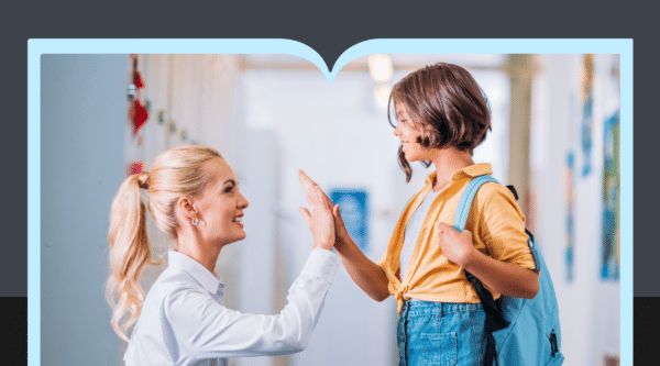Blonde teacher with ponytail high-fiving a young student with backpack