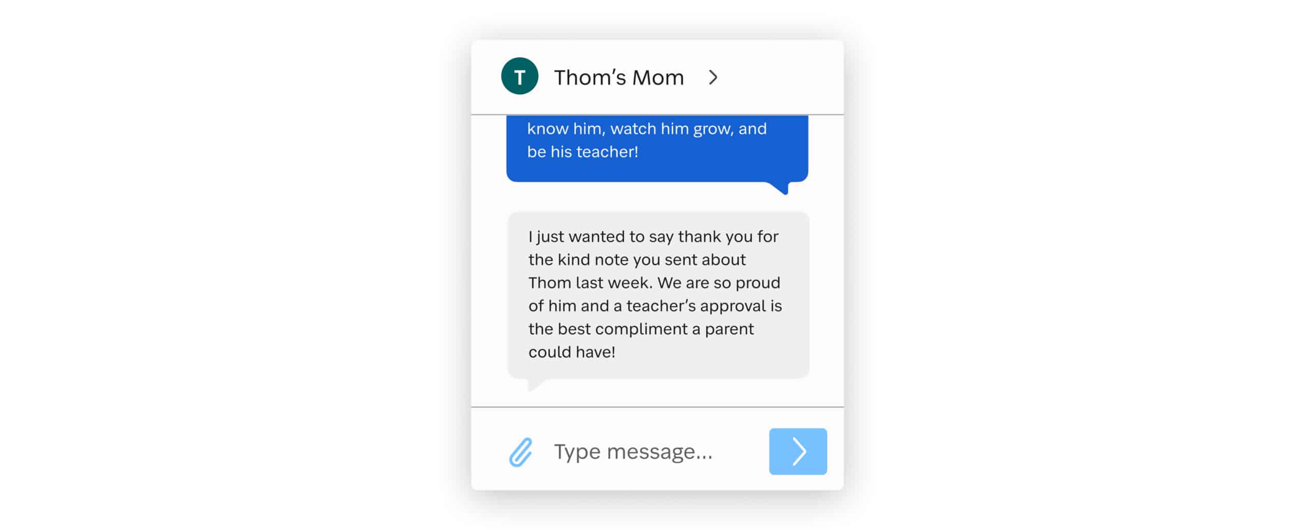 Thom's Mom writes message to teacher thanking them about their compliment.