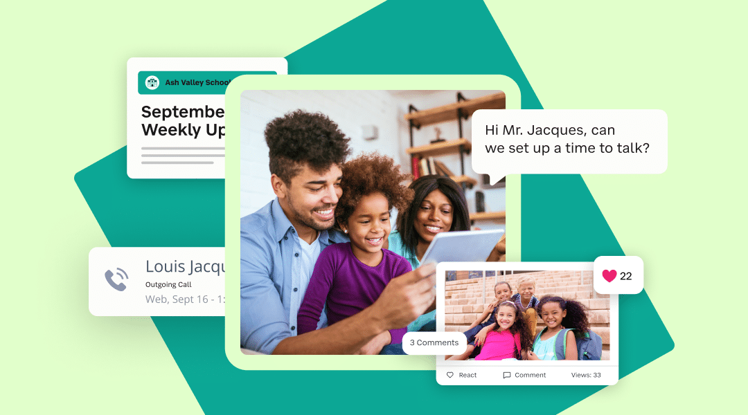Blog-Header-3-Great-Ways-to-Engage-Families-in-Your-School-Community-1080×600 Photo of Families and their daughter using a tablet to check notifications from SchoolStatus software.