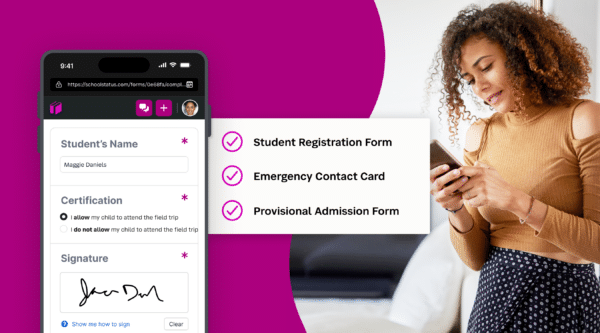 Female parent filling out a form on a smartphone