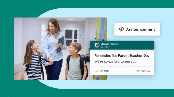 Blog-Header-How-to-Host-an-Effective-Family-Information-Night-1080×600 Woman walking with students and image of reminder message from Connect