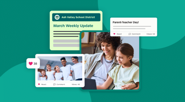 Mother and daughter reading school updates, March Newsletter and Parent-Teacher Day, group of students together.