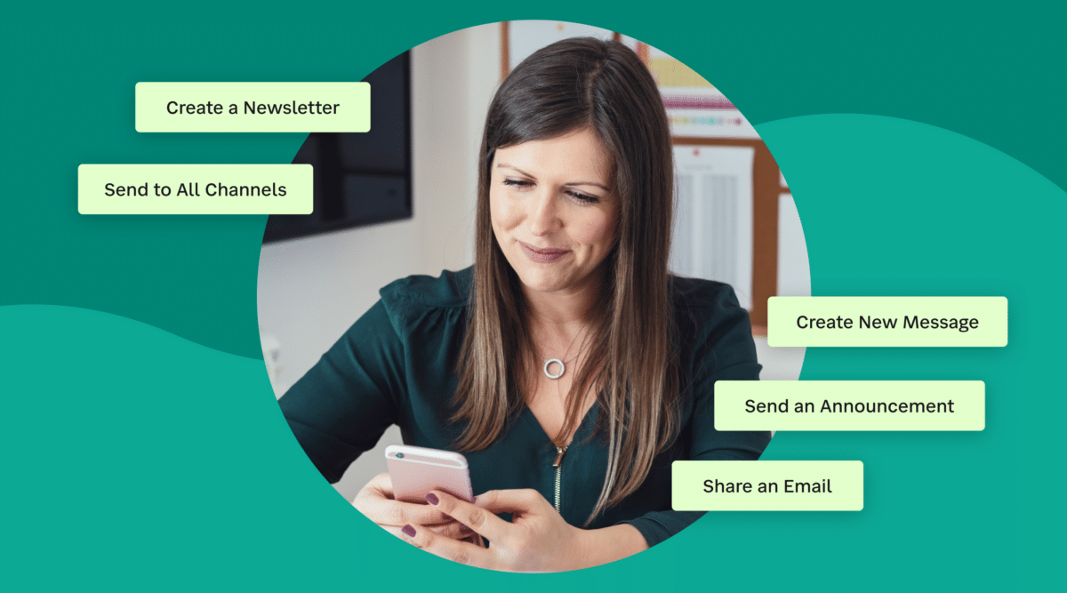 Blog-Hero-Communication-3 Woman on smart phone with communication button options displayed.