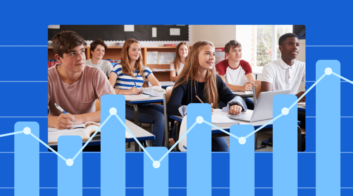 data-driven-insights-k12-education A group of high school students attentively participating in a classroom setting, with a blue data analytics overlay featuring bar graphs and line charts.