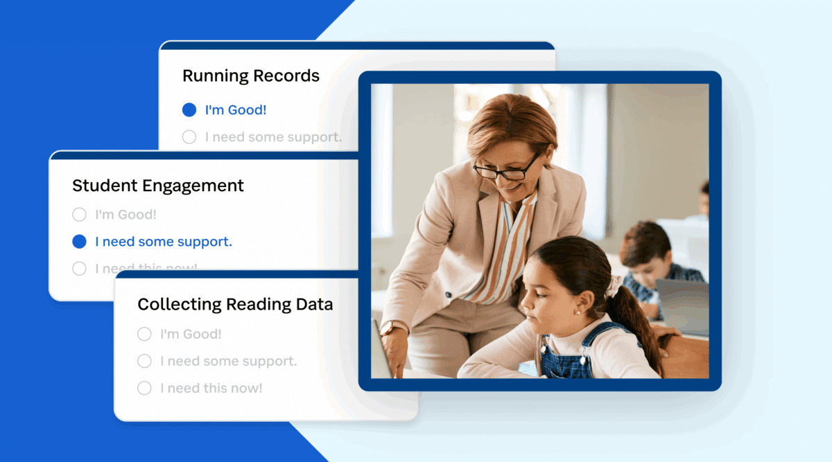 Teacher with student and examples of PD needs.