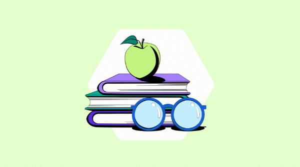 Graphic of an apple on a stack of books with glasses next to them