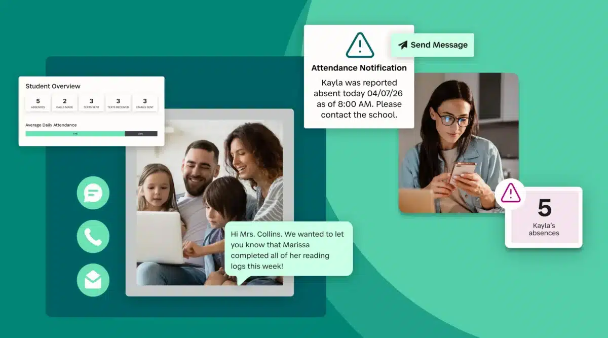 Photos of Families using a laptop and smartphone to check notifications from SchoolStatus software.