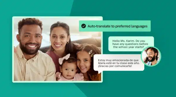 Image of a Hispanic family and an image of a teacher on phone speaking in English and being translated into Spanish