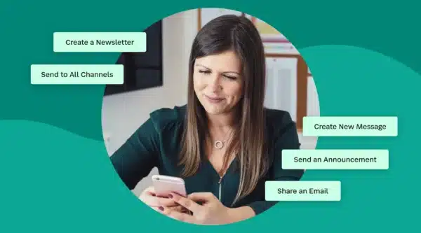 Woman on smart phone with communication button options displayed.