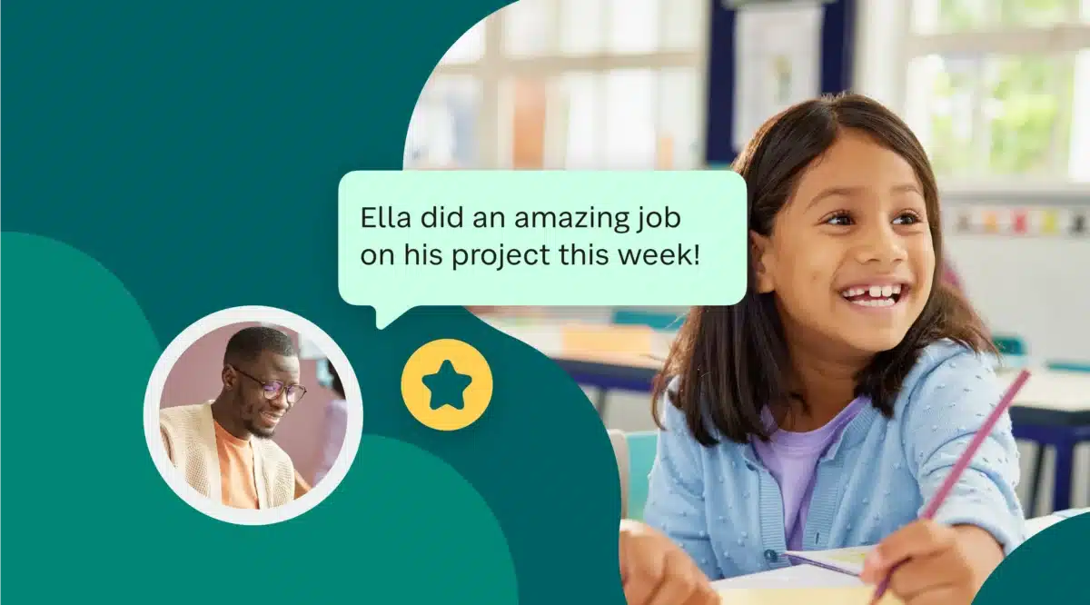 Photo of teacher sending notification from SchoolStatus software with smiling student on right.