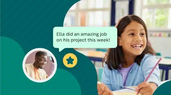 Photo of teacher sending notification from SchoolStatus software with smiling student on right.