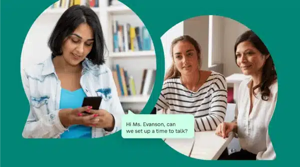 A teacher and a parent using digital communication tools to stay connected, symbolizing effective family engagement in K-12 education.