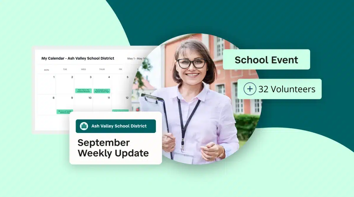 Female teacher with glasses with examples of calendar events and notifications from Connect.