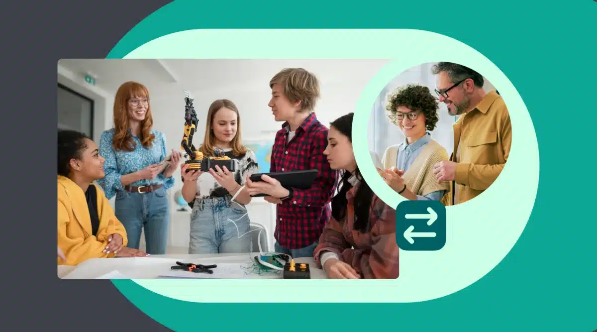 Educators collaborating with students on a robotics project and teachers using digital tools for family communication—illustrating the power of digital family engagement solutions in K–12 schools.