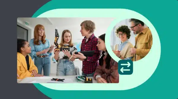 Educators collaborating with students on a robotics project and teachers using digital tools for family communication—illustrating the power of digital family engagement solutions in K–12 schools.