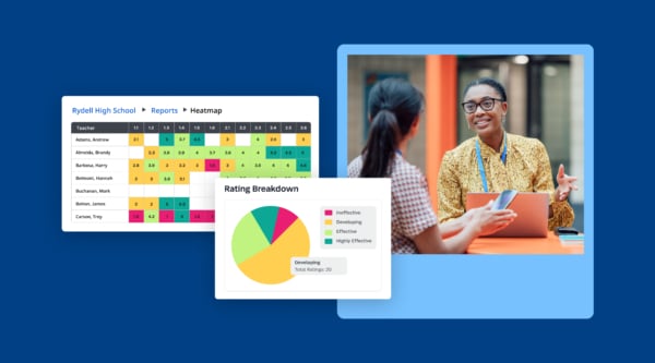 Photo of female educators talking next to graphics of a heatmap report and rating pie chart