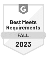 Gray G2 Badge. Text on a badge Best Meets Requirements Fall 2023.