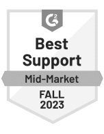 Gray G2 Badge. Text on a badge Best Support Mid-Market Fall 2023.
