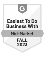 Gray G2 Badge. Text on a badge Easiest To Do Business With Mid-Market Fall 2023.