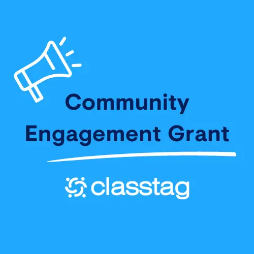 Icon of a loudspeaker and text. Text says Community Engagement Grant.
