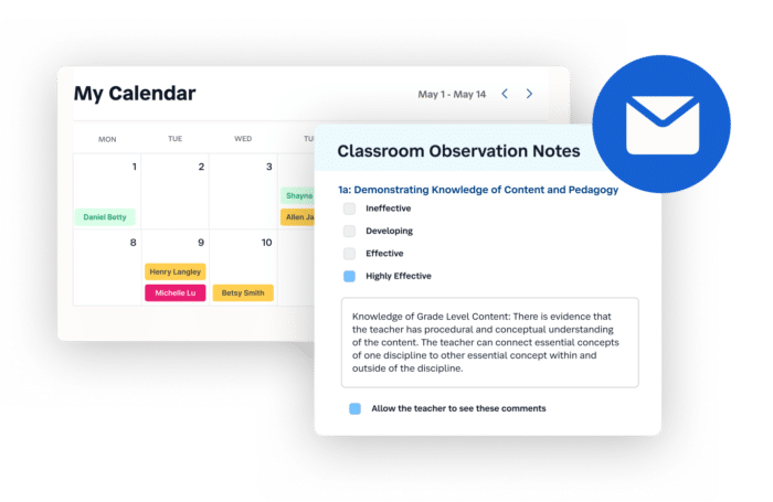 Graphics of calendar and classroom observation notes with mail icon