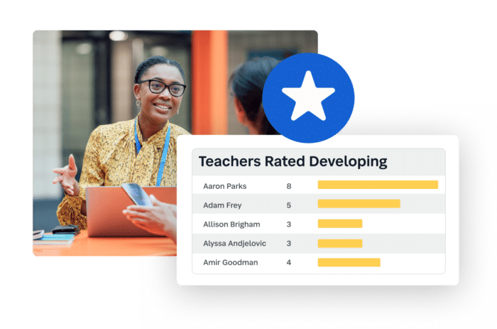 Photo of female educator talking with teacher rating graphic