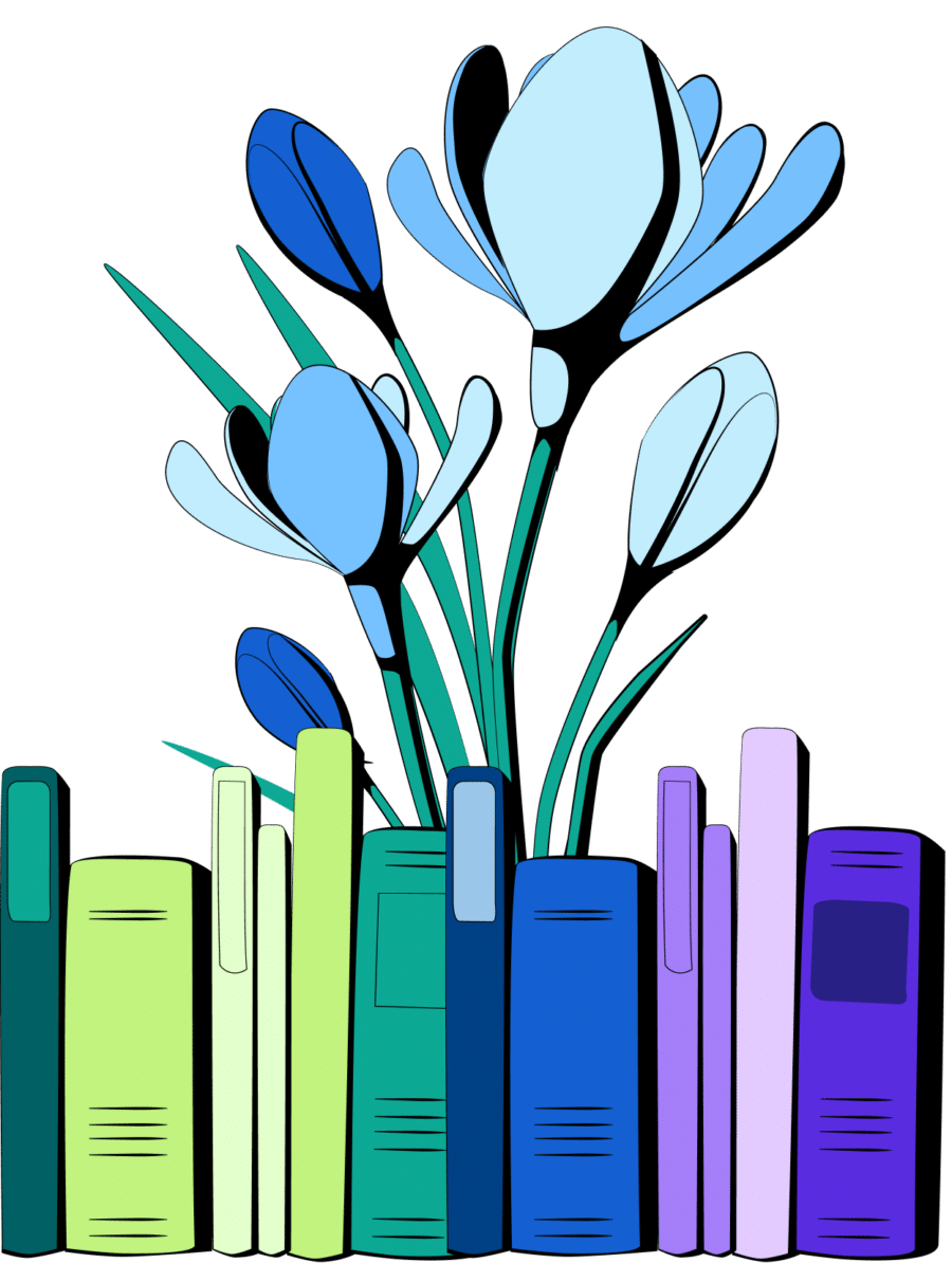 Blue flower and books graphic.