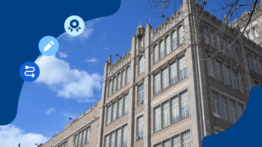 Image of School building with icons framing it