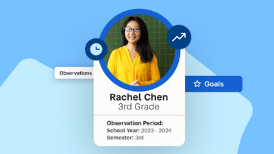 Photo of female Asian educator with graphics and text illustrating her observation information
