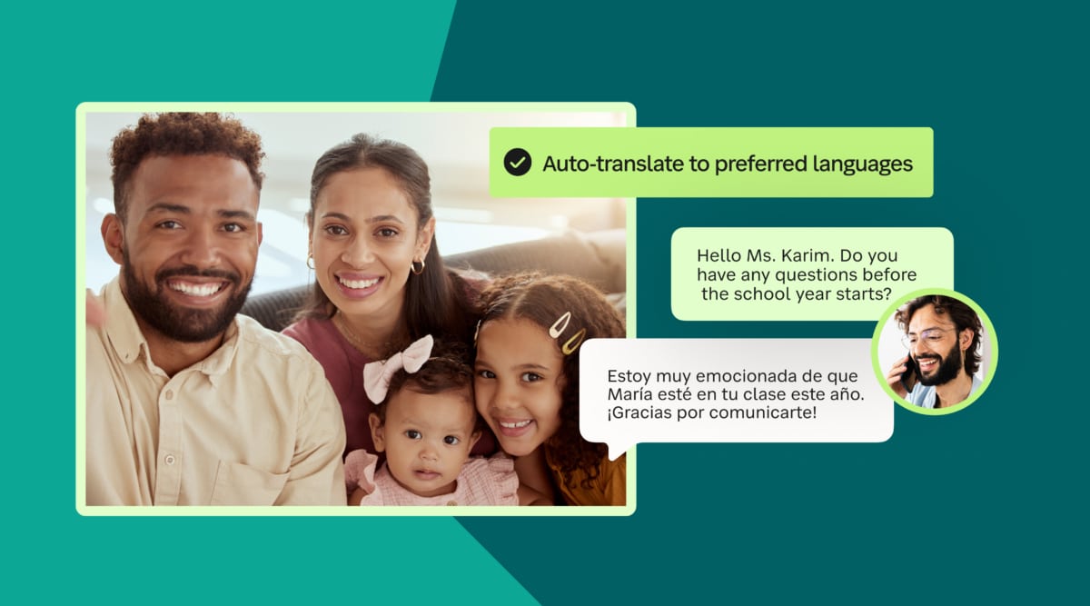 Image of a Hispanic family and an image of a teacher on phone speaking in English and being translated into Spanish