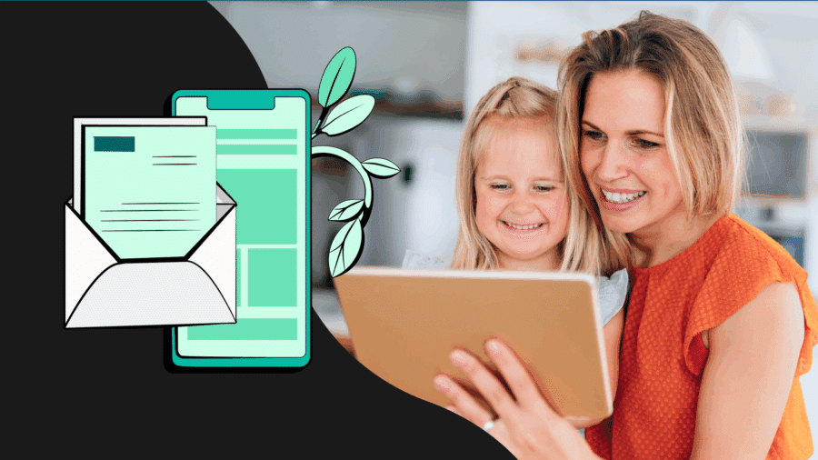 Case Study with a photo of a mother with her child looking at a tablet.