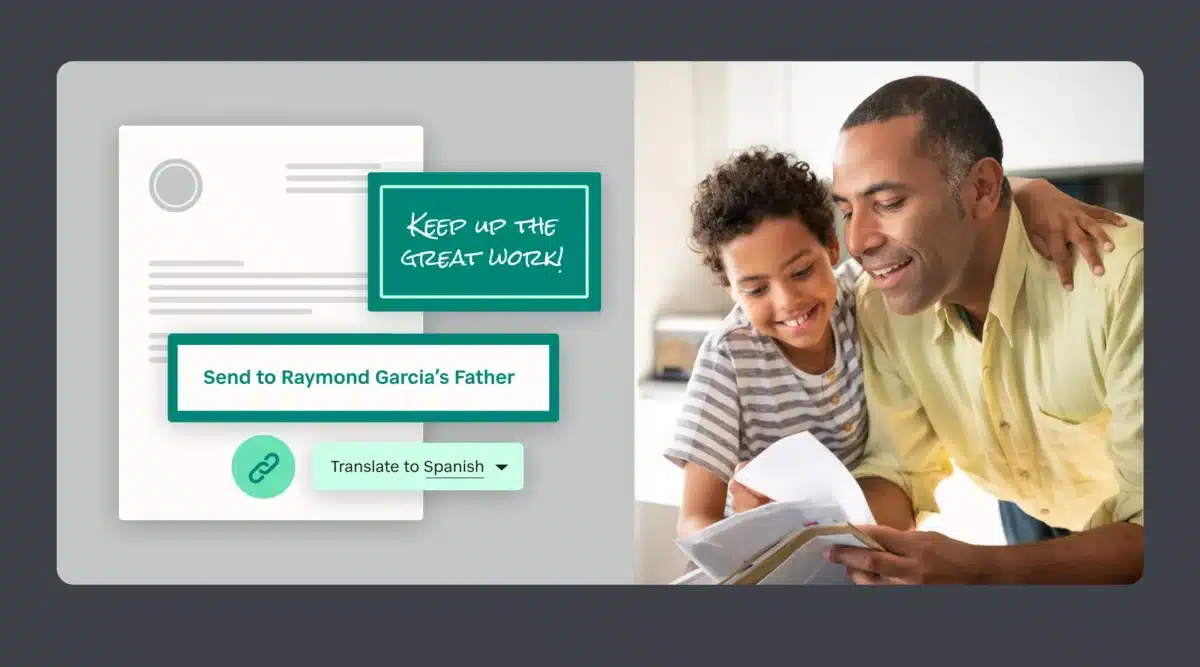Man and child looking at paper with great work message