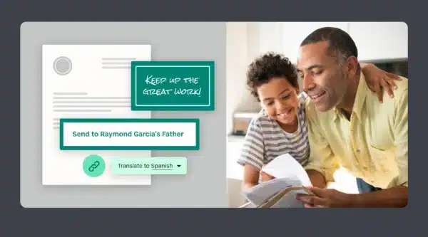 Man and child looking at paper with great work message