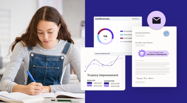 Photo of a female student writing in her book and various statistics pulled from SchoolStatus software.