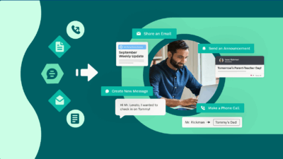 Case Study with an Image of a man using a laptop surrounded by messages from SchoolStatus software.