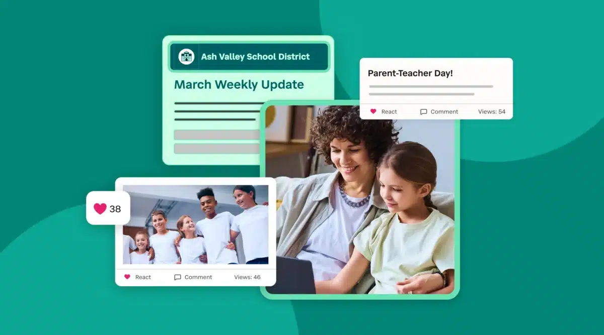 Mother and daughter reading school updates, March Newsletter and Parent-Teacher Day, group of students together.