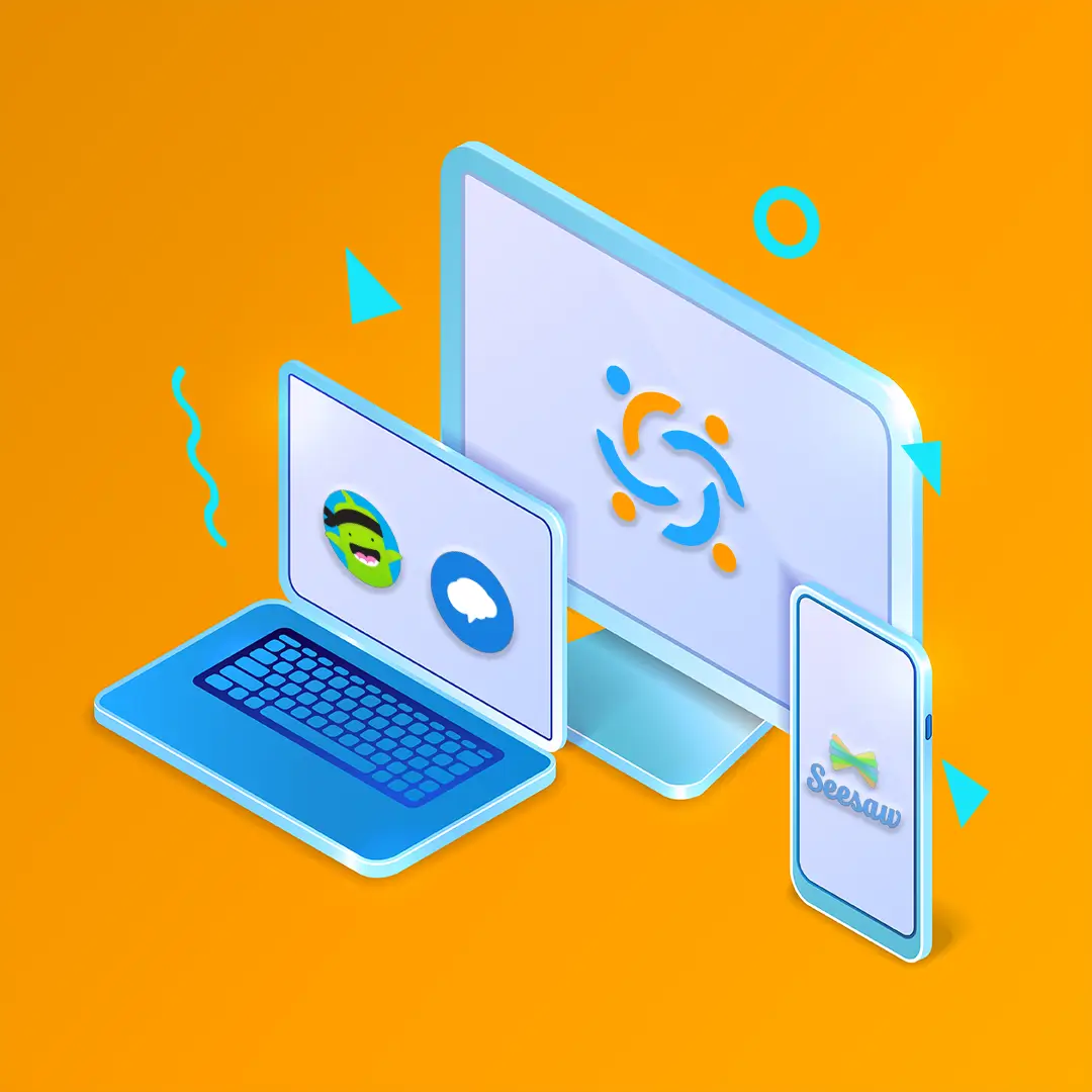 Graphics of a laptop, smartphone, and PC.