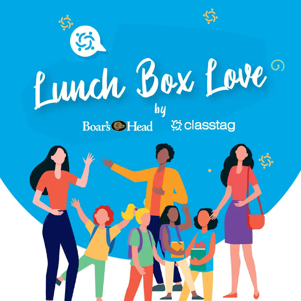 Graphic with three women and four kids under text saying Lunch Box Love.