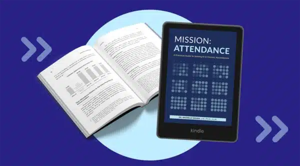 A Kindle showing the cover page of the Mission: Attendance book with a book open showing page in Chapter 1.
