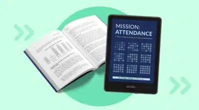 A Kindle showing the cover page of the Mission: Attendance book with a book open showing page in Chapter 1.