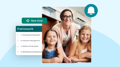 Smiling teacher with two students alongside a goal-setting interface and instructional framework checklist from SchoolStatus Boost.
