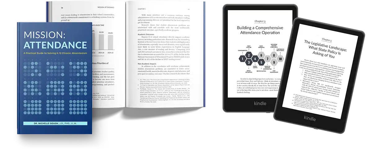 Mission: Attendance book cover with a book open showing pages in Chapter 1, and two Kindles: one showing the first page of Chapter 3 and the other showing the first page of Chapter 5 of the Mission: Attendance book.