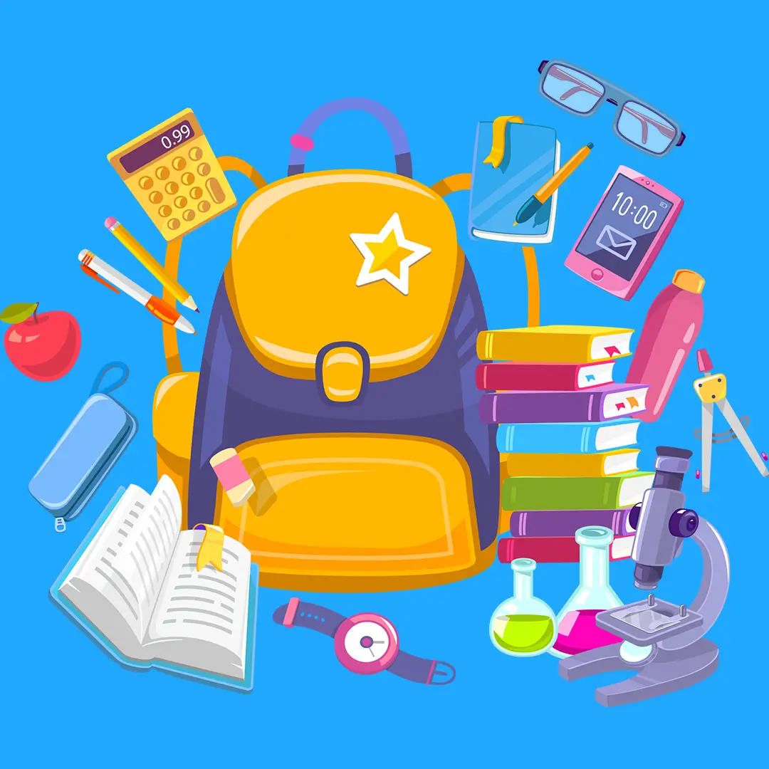 Graphic of a backpack surrounded by various school-related items.