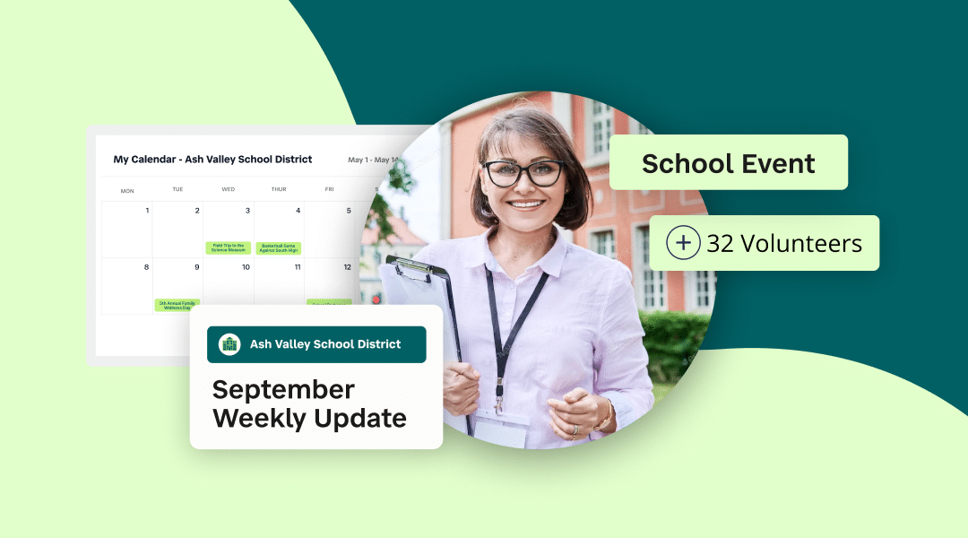 SchoolStatus Blog-How-School-Communication-Can-Kick-Start-Fundraising Female teacher with glasses with examples of calendar events and notifications from Connect.