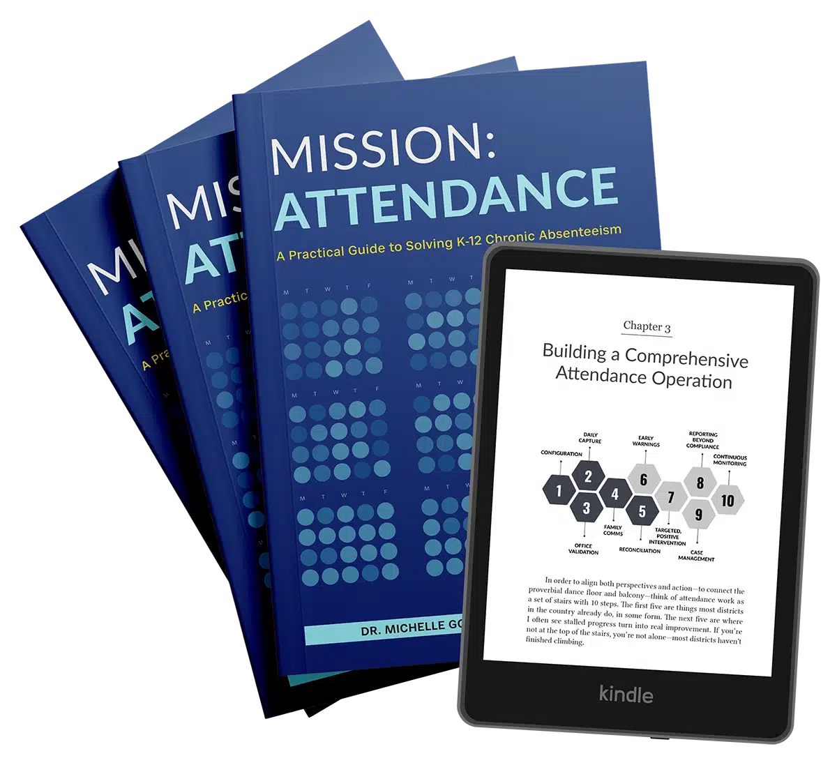 Stack of Mission: Attendance books and a Kindle showing the first page of Chapter 3.