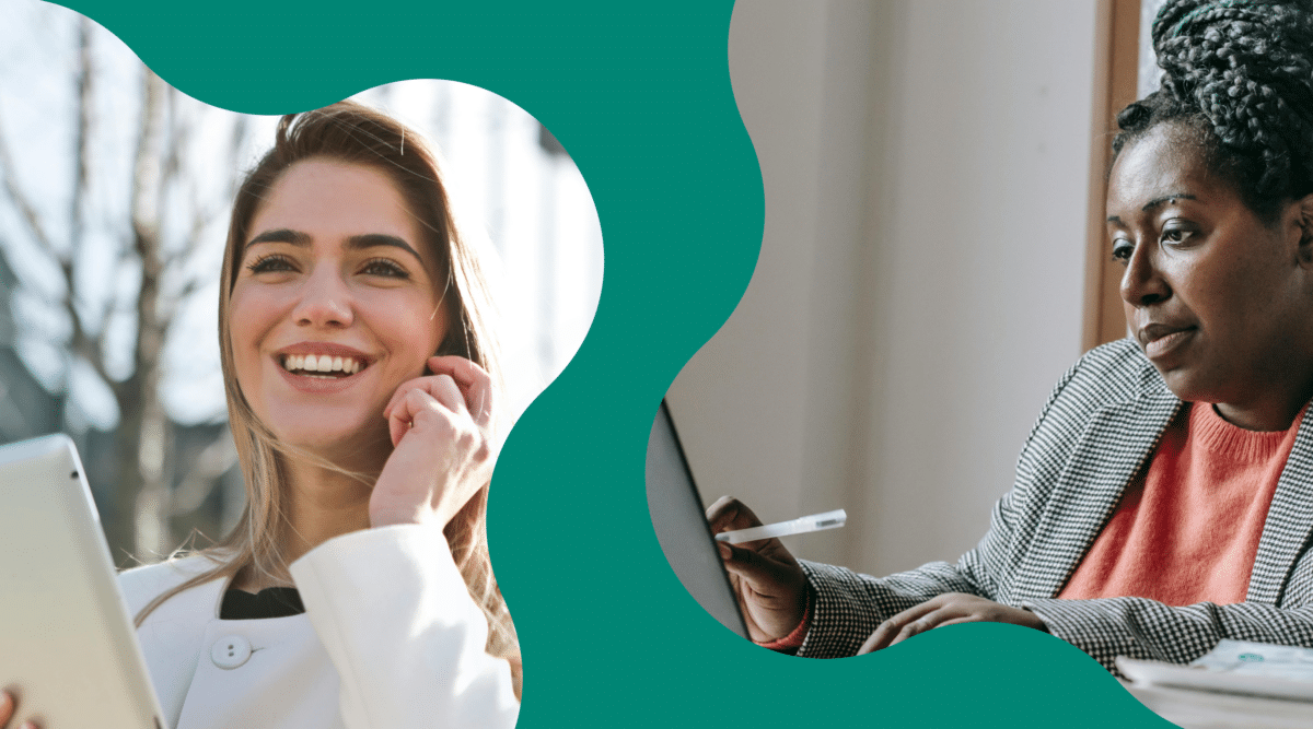 Teacher-Family-Communication-App-Comparison-blog-header Woman on phone and tablet with female teacher on laptop at a desk