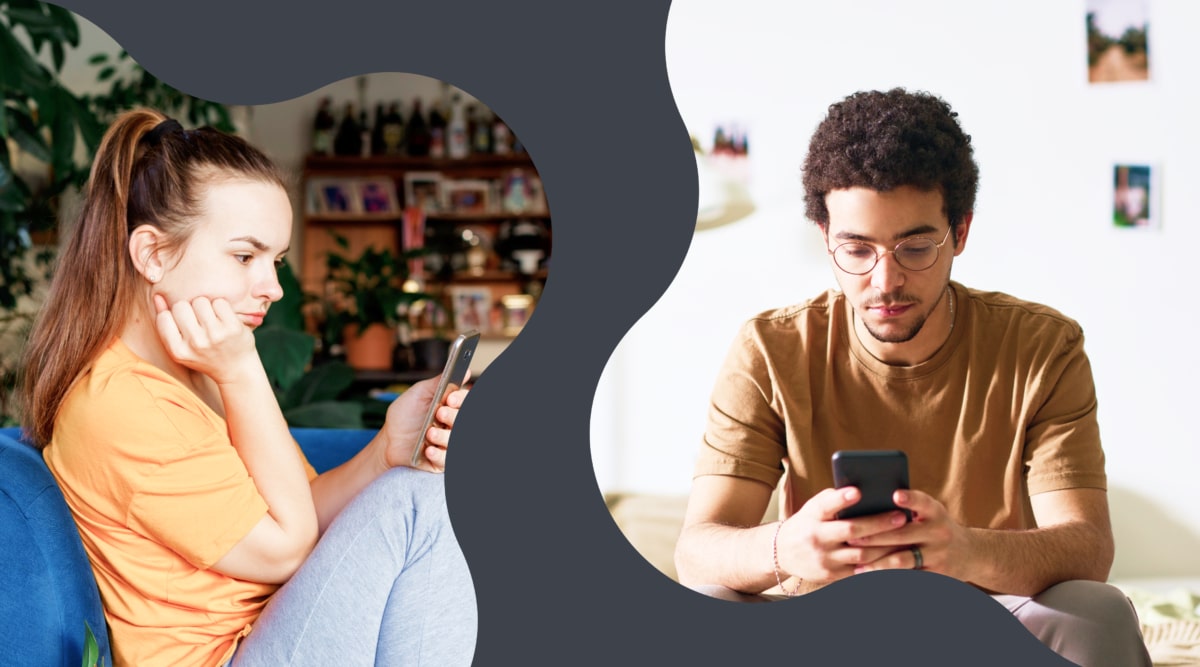 Teen girl and boy separately looking at their phones alone