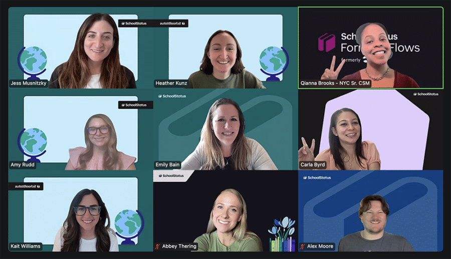 Nine employees of SchoolStatus having a video meeting.